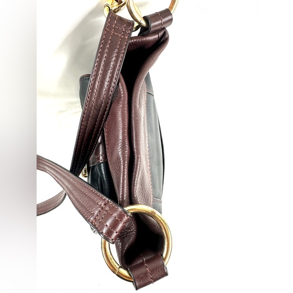 B Makowsky Black Leather Small Shoulder Crossbody Bag Brown Accents Push Lock - Picture 8 of 10